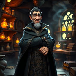 A middle-aged male wicked sorcerer character from the story Ashabulukhdud, depicted in a 3D animated style