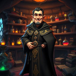 A middle-aged male wicked sorcerer character from the story Ashabulukhdud, depicted in a 3D animated style