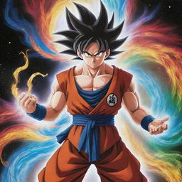 Goku with iconic black, upward flowing cosmic flame-like hair, streaked with swirls of silver and gold. One eye is a shimmering gold, the other, silver, symbolizing creation and destruction. He is surrounded by a magnificent multi-colored aura of red, blue, and green. His gi is replaced with a flowing robe of ethereal energy, adorned with intricate cosmic patterns.