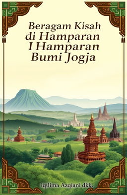 A stunning panoramic landscape of Yogyakarta featuring Gunung Merapi, Candi Borobudur, and Candi Prambanan, illustrated in soft and natural colors like green, blue, and brown to create a calm and warm atmosphere