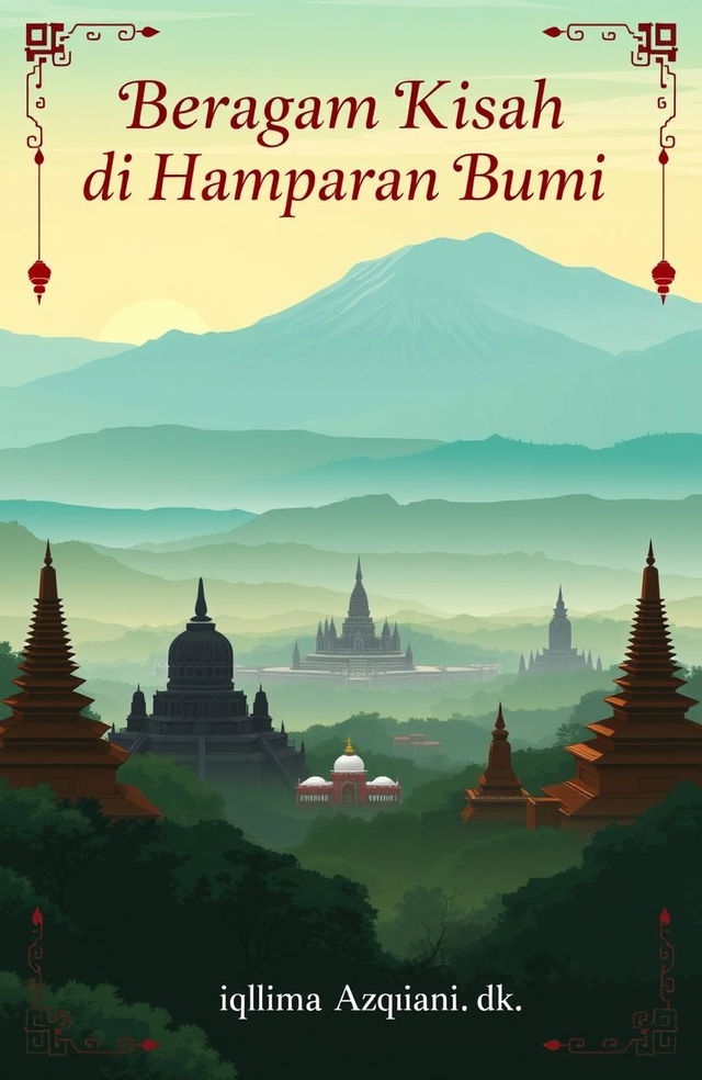 A stunning panoramic landscape of Yogyakarta featuring Gunung Merapi, Candi Borobudur, and Candi Prambanan, illustrated in soft and natural colors like green, blue, and brown to create a calm and warm atmosphere