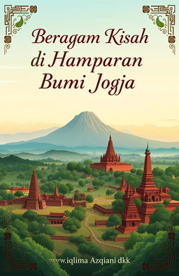 A stunning panoramic landscape of Yogyakarta featuring Gunung Merapi, Candi Borobudur, and Candi Prambanan, illustrated in soft and natural colors like green, blue, and brown to create a calm and warm atmosphere