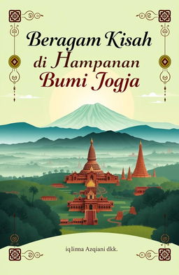 A stunning panoramic landscape of Yogyakarta featuring Gunung Merapi, Candi Borobudur, and Candi Prambanan, illustrated in soft and natural colors like green, blue, and brown to create a calm and warm atmosphere