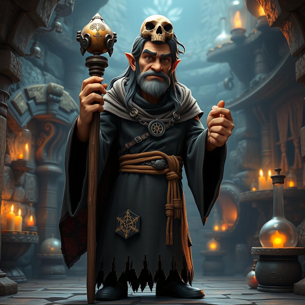 A middle-aged male wicked sorcerer character from the story Ashabulukhdud, standing confidently while holding a magical staff made of wood with a skull-shaped top