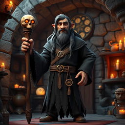 A middle-aged male wicked sorcerer character from the story Ashabulukhdud, standing confidently while holding a magical staff made of wood with a skull-shaped top