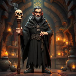 A middle-aged male wicked sorcerer character from the story Ashabulukhdud, standing confidently while holding a magical staff made of wood with a skull-shaped top