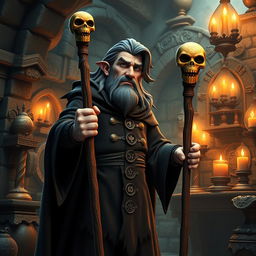 A middle-aged male wicked sorcerer character from the story Ashabulukhdud, standing confidently while holding a magical staff made of wood with a skull-shaped top