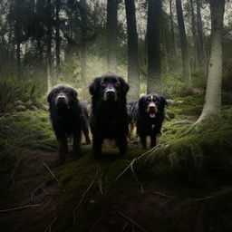 Several dogs with mean expressions, textured fur, and sharp eyes standing alert in the midst of a dense forest.