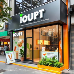 An exterior view of 'IOURT', a sub-brand of YORGANIX, designed to promote a healthy fast food atmosphere