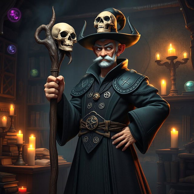 A middle-aged male wicked sorcerer character from the story Ashabulukhdud, depicted standing assertively while holding a magical staff made of wood, topped with a skull