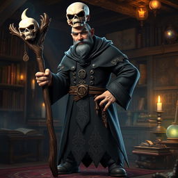 A middle-aged male wicked sorcerer character from the story Ashabulukhdud, depicted standing assertively while holding a magical staff made of wood, topped with a skull