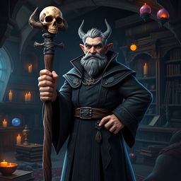 A middle-aged male wicked sorcerer character from the story Ashabulukhdud, depicted standing assertively while holding a magical staff made of wood, topped with a skull