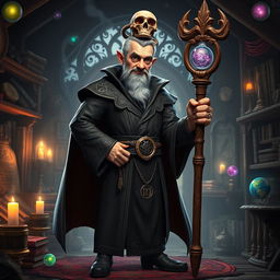 A middle-aged male wicked sorcerer character from the story Ashabulukhdud, depicted standing assertively while holding a magical staff made of wood, topped with a skull