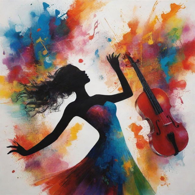 The 'Art of Music' depicted as a harmonious burst of colors and shapes, with musical notes shifting into abstract forms. In the background, illustrate a subtle silhouette of a girl, immersed in the vibrant symphony.