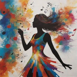 The 'Art of Music' depicted as a harmonious burst of colors and shapes, with musical notes shifting into abstract forms. In the background, illustrate a subtle silhouette of a girl, immersed in the vibrant symphony.