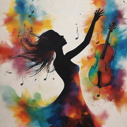 The 'Art of Music' depicted as a harmonious burst of colors and shapes, with musical notes shifting into abstract forms. In the background, illustrate a subtle silhouette of a girl, immersed in the vibrant symphony.