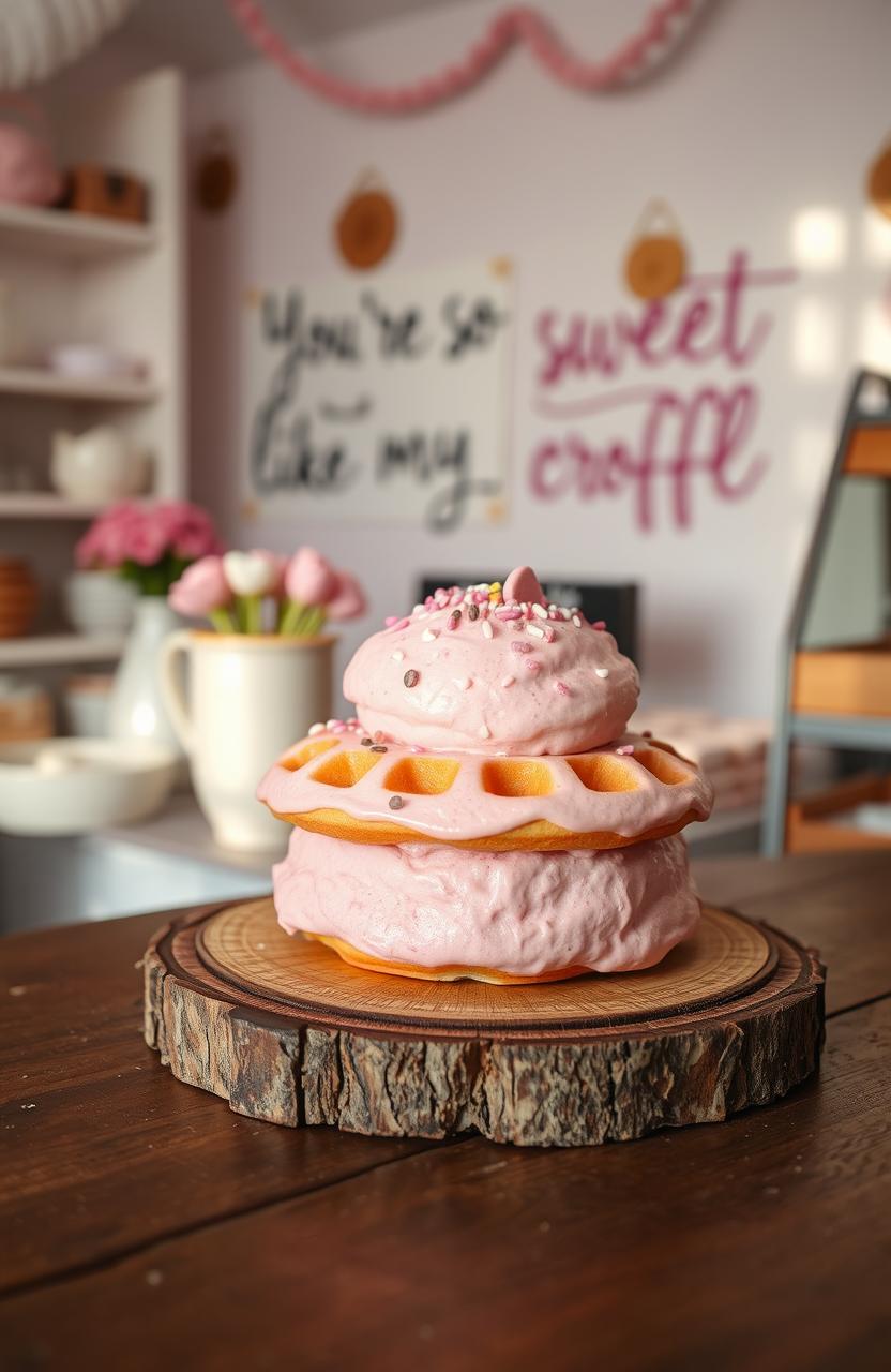 A charming bakery scene featuring a pink-colored croffle, beautifully decorated and styled, with whimsical elements like sprinkles and sweet toppings