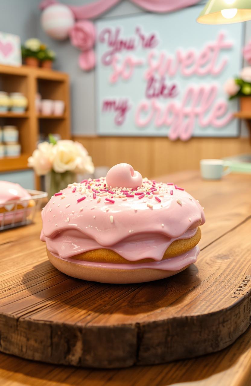 A charming bakery scene featuring a pink-colored croffle, beautifully decorated and styled, with whimsical elements like sprinkles and sweet toppings