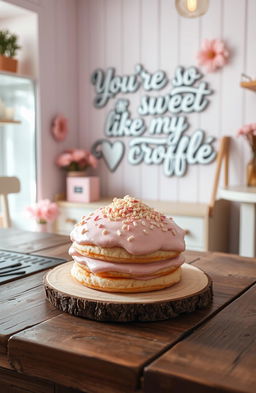 A charming bakery scene featuring a pink-colored croffle, beautifully decorated and styled, with whimsical elements like sprinkles and sweet toppings