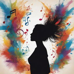 The 'Art of Music' depicted as a harmonious burst of colors and shapes, with musical notes shifting into abstract forms. In the background, illustrate a subtle silhouette of a girl, immersed in the vibrant symphony.