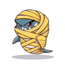 An angry 2D mummy shark, covered in yellow bandages, facing to the right