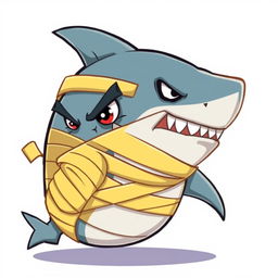 An angry 2D mummy shark, covered in yellow bandages, facing to the right