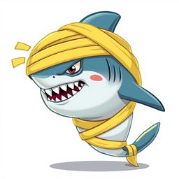An angry 2D mummy shark, covered in yellow bandages, facing to the right