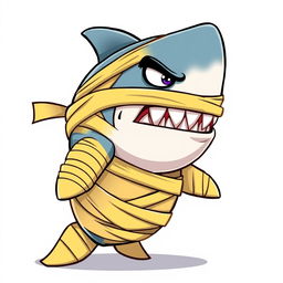An angry 2D mummy shark, covered in yellow bandages, facing to the right