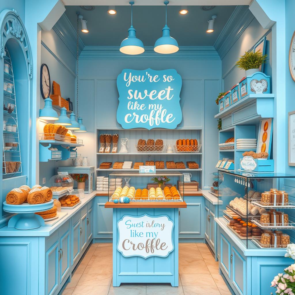 A delightful bakery shop showcasing a blue-themed croffle display