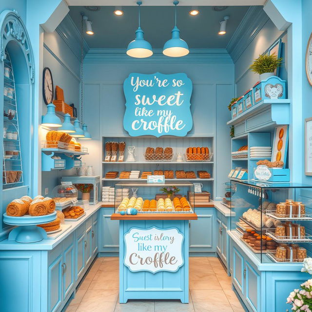 A delightful bakery shop showcasing a blue-themed croffle display