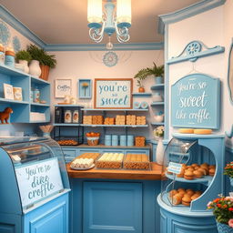 A delightful bakery shop showcasing a blue-themed croffle display