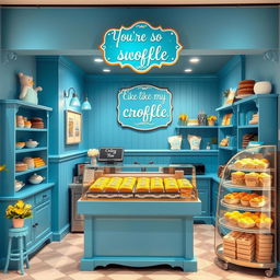 A delightful bakery shop showcasing a blue-themed croffle display