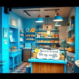 A delightful bakery shop showcasing a blue-themed croffle display