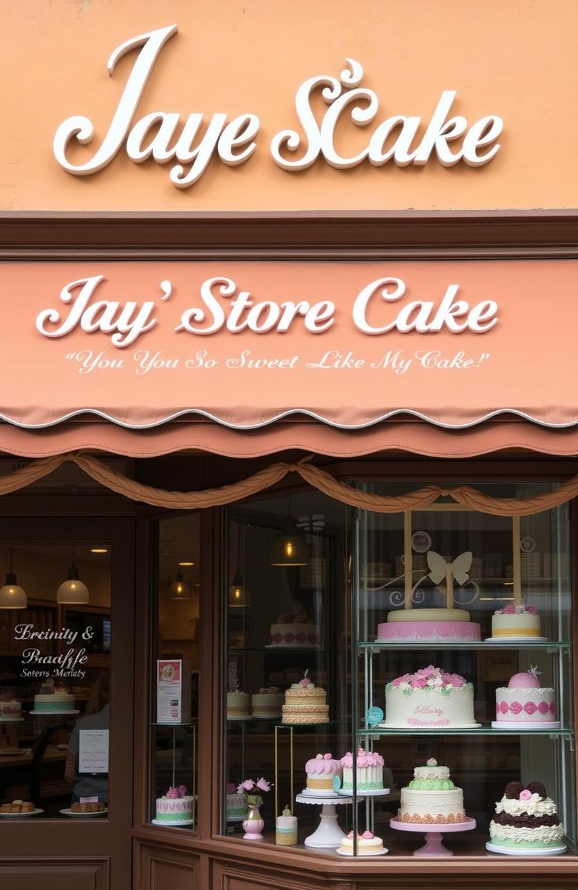 A bakery storefront named "Jay's Store Cake" with a warm, inviting brown color scheme