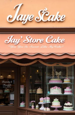 A bakery storefront named "Jay's Store Cake" with a warm, inviting brown color scheme