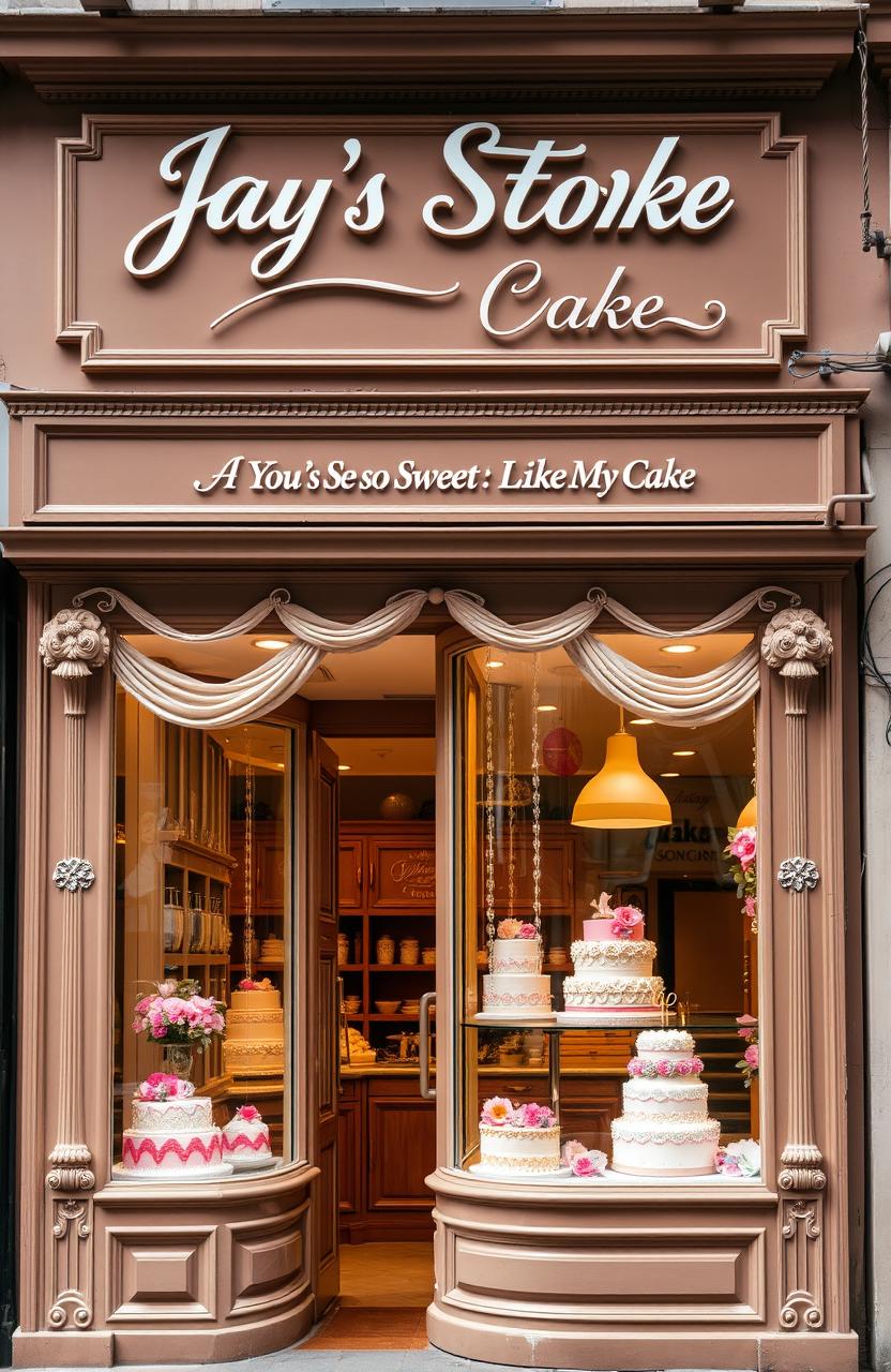 A bakery storefront named "Jay's Store Cake" with a warm, inviting brown color scheme