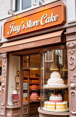 A bakery storefront named "Jay's Store Cake" with a warm, inviting brown color scheme