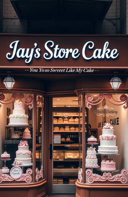 A bakery storefront named "Jay's Store Cake" with a warm, inviting brown color scheme