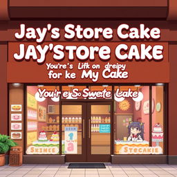 An anime-style bakery storefront named "Jay's Store Cake" featuring a rich brown color scheme