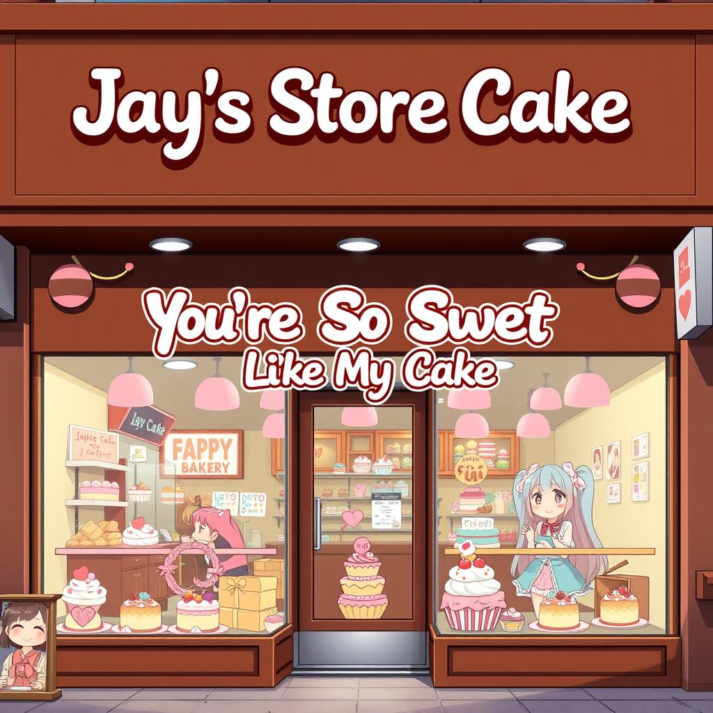 An anime-style bakery storefront named "Jay's Store Cake" featuring a rich brown color scheme