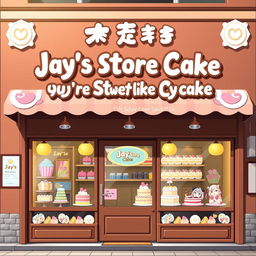 An anime-style bakery storefront named "Jay's Store Cake" featuring a rich brown color scheme