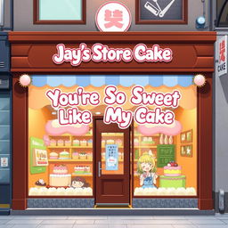 An anime-style bakery storefront named "Jay's Store Cake" featuring a rich brown color scheme