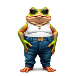 A 2D humanoid fat frog standing confidently in a frontal position