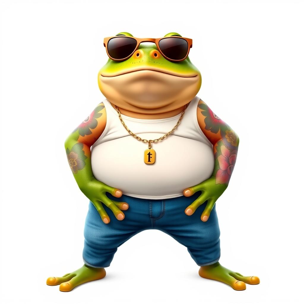 A 2D humanoid fat frog standing confidently in a frontal position