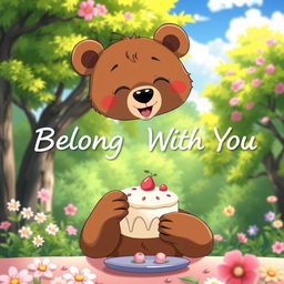 An adorable brown bear in anime style, enjoying a delicious cake in the middle of a beautiful natural scenery