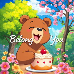 An adorable brown bear in anime style, enjoying a delicious cake in the middle of a beautiful natural scenery