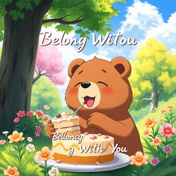 An adorable brown bear in anime style, enjoying a delicious cake in the middle of a beautiful natural scenery