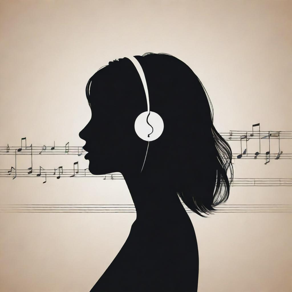 The 'Art of Music' expressed in a minimalist style. Feature a subtle, simple silhouette of a girl in the background, surrounded by subtle, linear representation of musical notes and symbols, avoiding gradients for a clean and modern look.