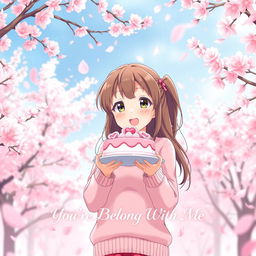 A charming anime girl with brown hair, wearing a pink sweater, happily delivering a pink cake surrounded by beautiful cherry blossom trees