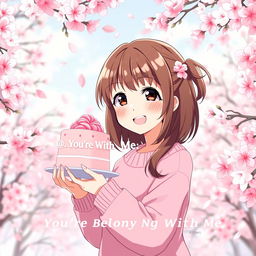 A charming anime girl with brown hair, wearing a pink sweater, happily delivering a pink cake surrounded by beautiful cherry blossom trees